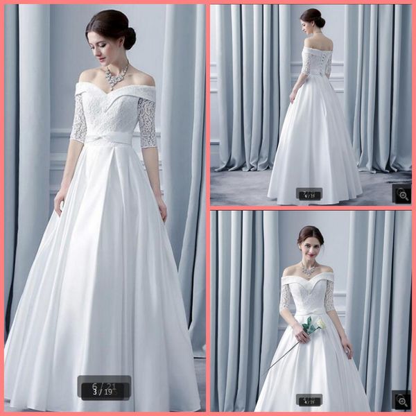 

2021 new arrival white lace satin a line wedding dresses sweetheart off the shoulder half sleeve wedding gowns corset dresses