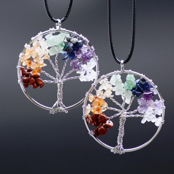 

pendant necklaces life of tree 7 chakra stone beads natural citrine amethyst agate necklace leather chains christmas gifts, Silver