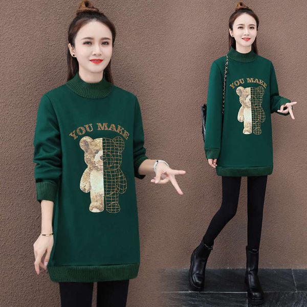 

half high collar with plush sweater for women's thickened autumn / winter 2020 new korean style medium length bottom coat, Black