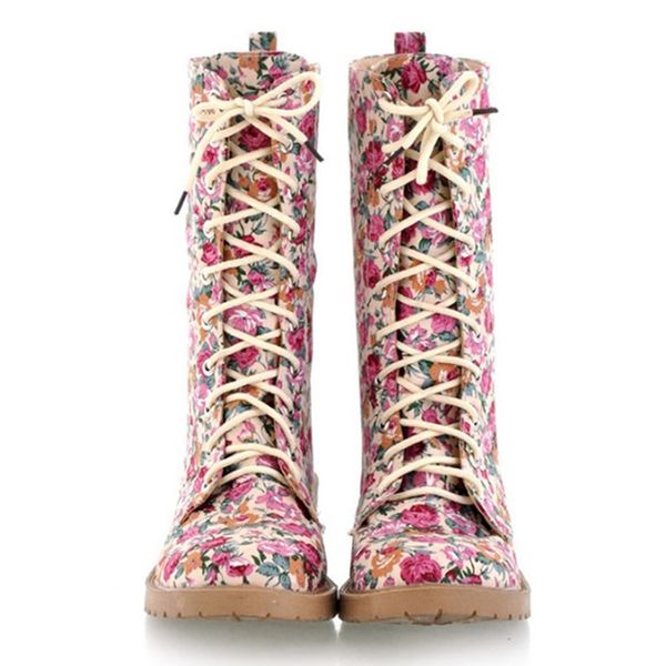 

2021 new botas femininas retro impresso rendas at genuno tornozelo senhoras sapatos femininos mujer lla2, Black