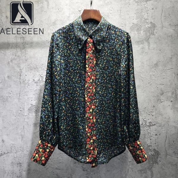 

aeleseen 100% silk green shirt women runway fashion bow floral print office ladies elegant working blouse, White