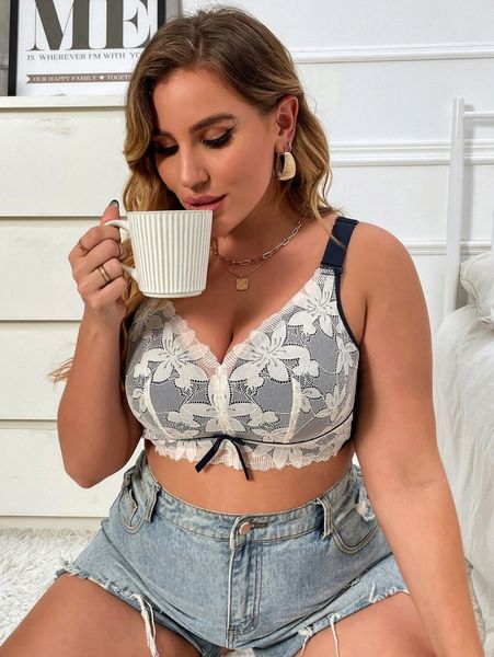 

plus contrast lace bralette q9ag#, Black;white