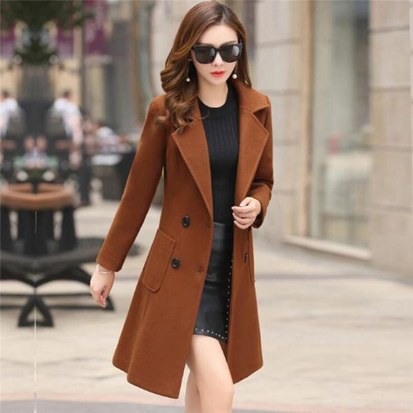 

2021 new women wool blend coat long sleeve turn-down collar warm autumn winter wool women jackets feminino xxxl, Black