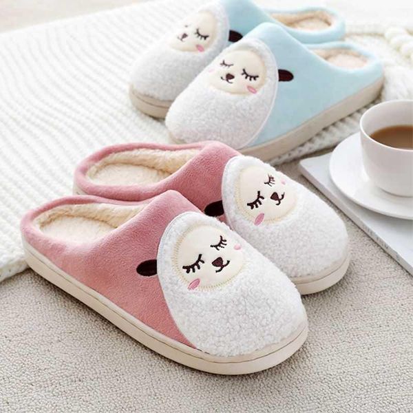 

women slippers winter warm house slippers embroidery sheep home soft non-slip plush cotton shoes ladies girls cute fur slides1, Black