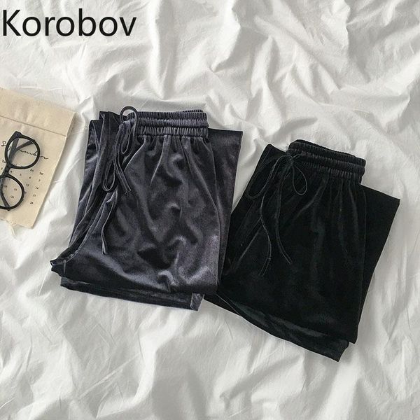

women's pants & capris korobov women high waist velvet trousers korean streetwear wide leg preppy style casual joggers, Black;white