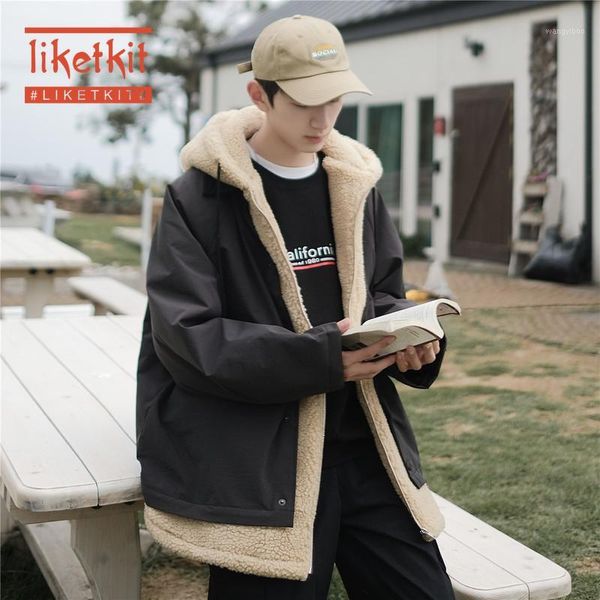 

liketkit men winter jackets 2019 mens solid fake two pieces thick lambswool parkas male korean fashions streetwear hooded coats1, Black