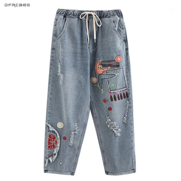 

patchwork embroidery female denim pants with hole 2020 spring elastic waist streetwear plus size women jeans trousers female1, Blue