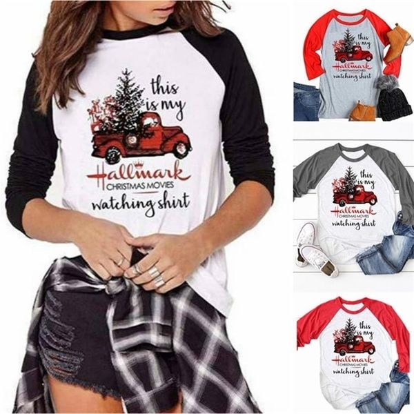 Carro de moda Árvore de Natal Mulheres impressas Camisetas Manga Longa T-shirt Plus Size S-XXL 3XL 15 Cores 201028