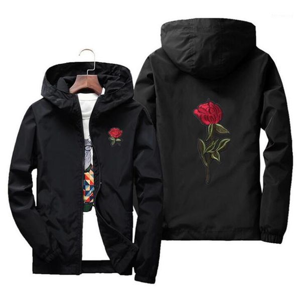 

nianjeep spring and summer thin jacket men long sleeve black zipper windbreaker men hip hop rose embroidery jackets coat 4xl1, Black;brown