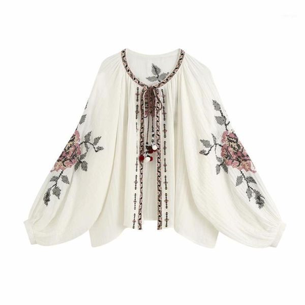 

2020 new autumn women shirt beige floral embroidery beading o-neck long sleeve shirts fashion casual ladies 1, White
