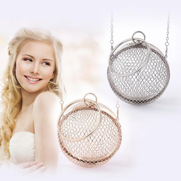 

vintage women's evening bag metal chain hollow out mini bag banquet party shoulder crossbody bags clutch circular cage handbag