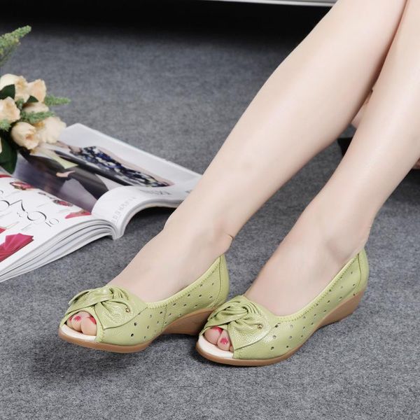 

zzpohe summer mother sandals leather fish mouth with heel breathable sandals middle-aged wedge large size women, Black