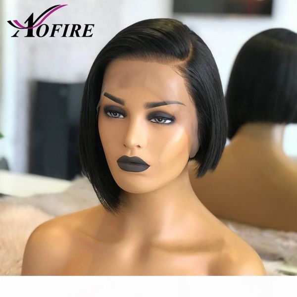 

nature black 360 lace frontal human hair wigs for black women brazilian remy hair wig side part lopsided short bob straight 150%, Black;brown