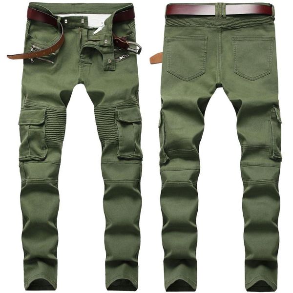 

2021 men's folded locomotive small feet jeans youth multi-pocket machine army green casual jeans, Blue