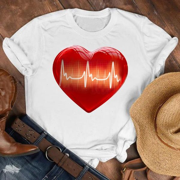 

love heart shape print t shirt women short sleeve o neck loose tshirt women tee shirt female clothes camisetas mujer, White
