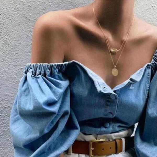 

2021 women off shoulder slash neck denim shirt lady half sleeve loose summer blue blouse plus size, White