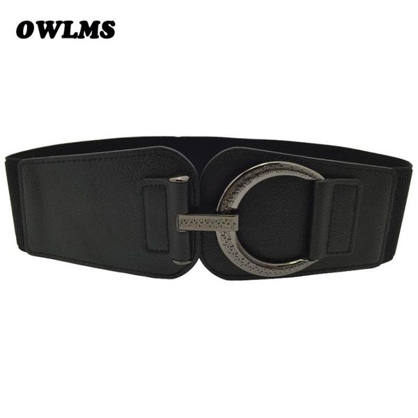 

cummerbunds punk carved circle buckle woman belts wide elastic coat cummerbund dress belt for women ceinture femme de marque, Black;brown