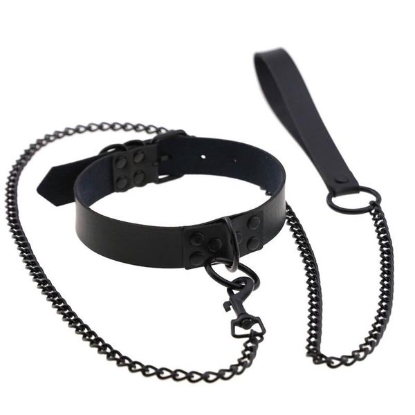 

womens man dark black punk gothic wind rivet alternative metal slave pu leather collar traction rope bondage necklace, Golden;silver