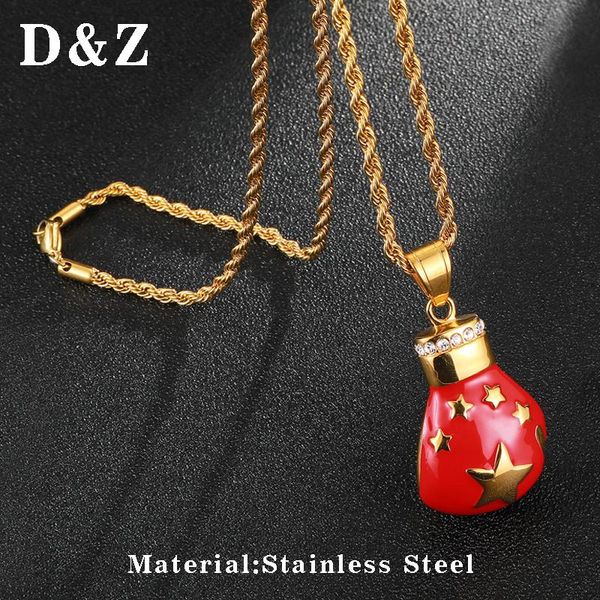 

pendant necklaces d&z personality rhinestone red boxing gloves with stars necklace for men hip hop street accessories, Silver