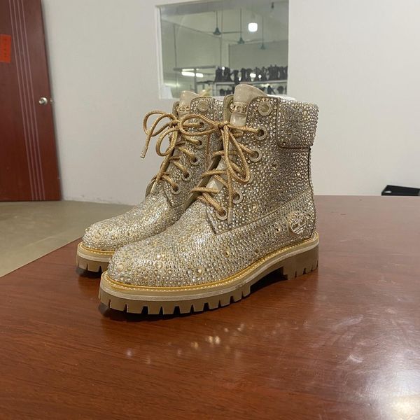 

designer womens boots golden silver rhinestone decoration front strap round head low heel with box size 35-40, Black