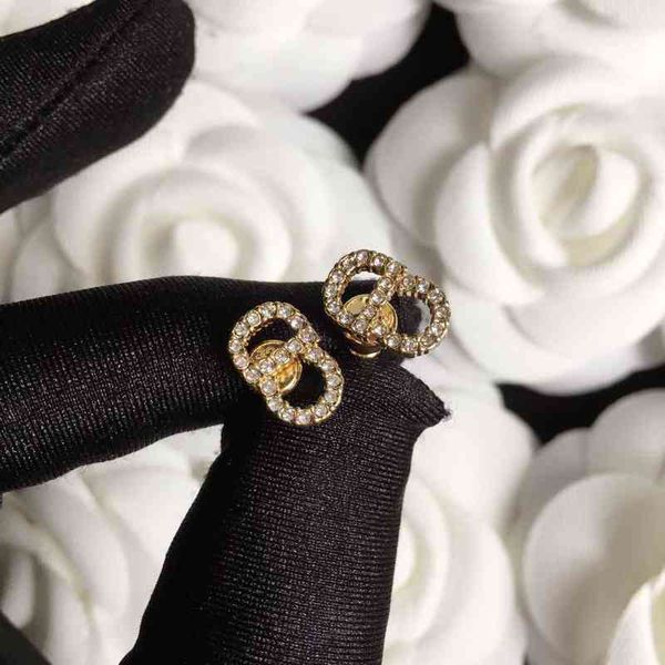 

70% off 925 silver needle cd letter inlaid with stone full diamond earrings high version earrings female, Golden