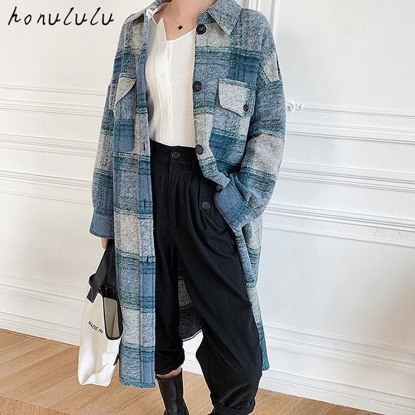 

women's wool & blends 20 autumn and winter style plaid coat shirt collar loose long female woolen, Black