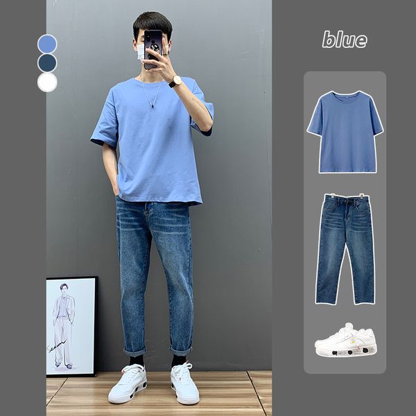 

2020 summer new solid color short men's loose fashion brand trend student pure cotton / 5 half sleeve t-shirt