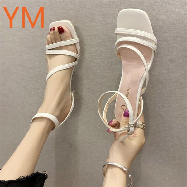 

2020 summer gladiator sandal fashion narrow band pu leather women square head ankle buckle strap stiletto pumps women sandals1, Black