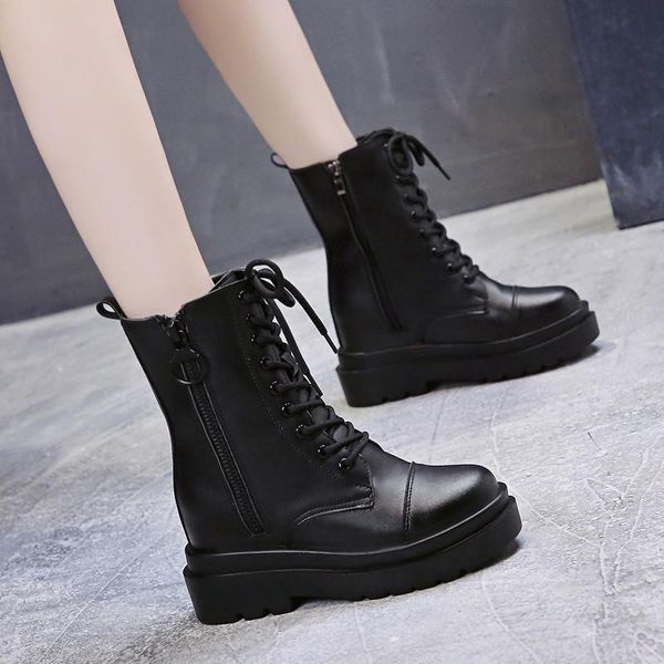 

black single boots women shoes 2021 new slope heel women boots lace-up ankle winter shoes woman botas mujer 34-39