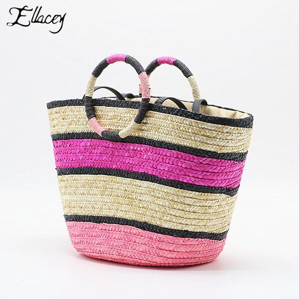 

casual new summer hand made straw beach bag candy color panelled tote bags large capacity beach travel handbag ladies hand bags