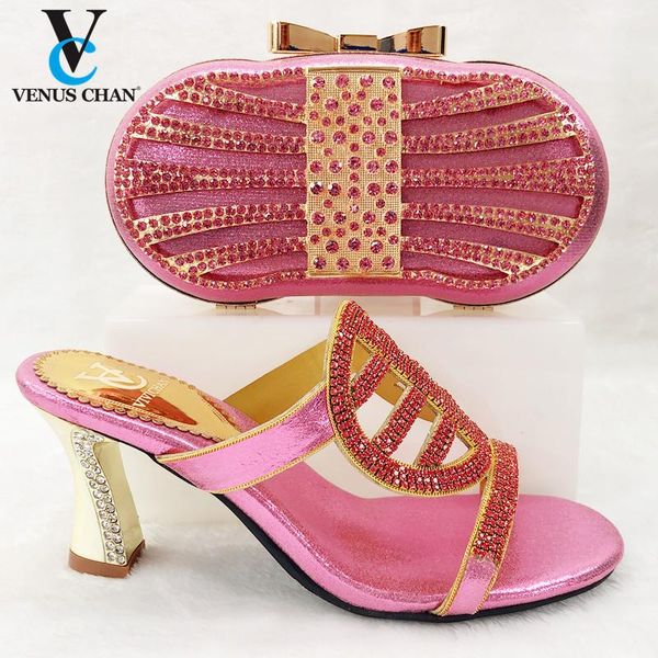 

new arrivals african women wedding shoe and bag to match high heels slipper with crystal in pink color for party, Black