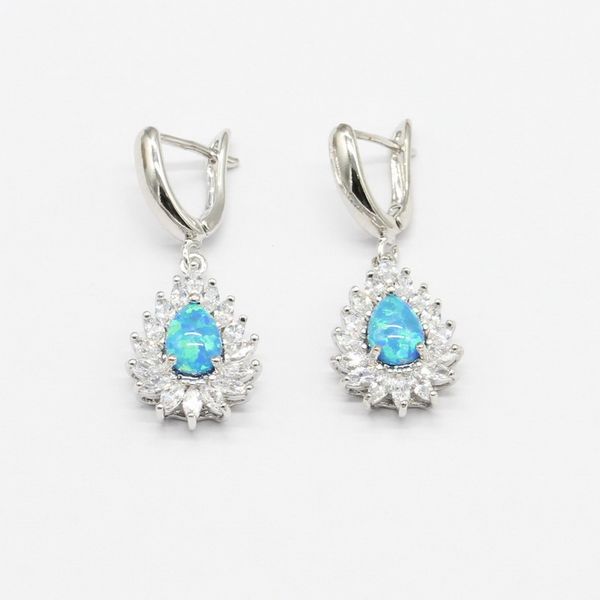 

pear drop blue opal silver color wedding jewelry sets for women necklace pendant earrings rings sky blue crystal bracelets