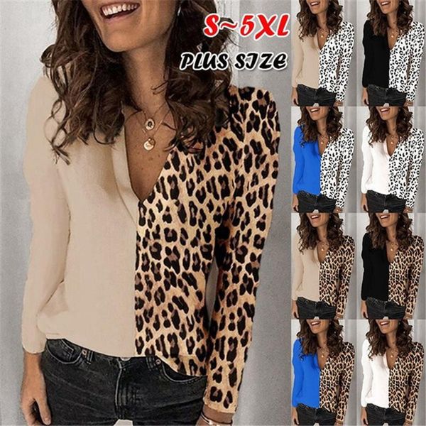 

leopard print chiffon blouse for women office lady elegant plus size clothing autumn casual v neck long sleeve femme shirts, White