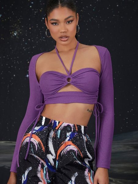 

halterneck drawstring side cut out crop 52qp#, White