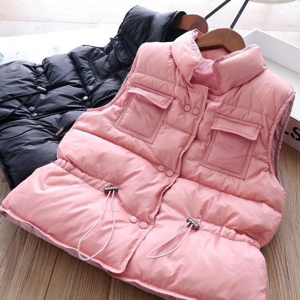 

winter girl's double-pocket stand collar drawstring down vest, Blue;gray