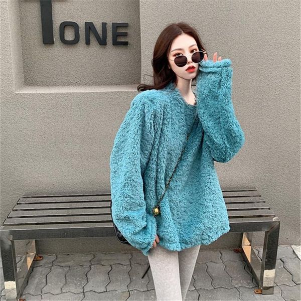 

women oversize faux fur sweatshirt o-neck long sleeve soft plush fall winter casual pullover fashion thick warm streetwear, Black
