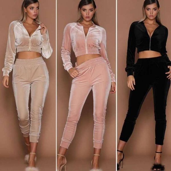 

women's leisure sports suit solid color velvet zipper with exposed navel, Gray