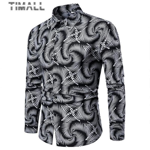 

timall men's casual vortex slim fit long-sleeved formal dress shirts men printed shirts male social chemise, White;black