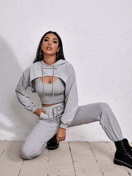 

super crop drawstring hoodie with tank & joggers set v62e#, White
