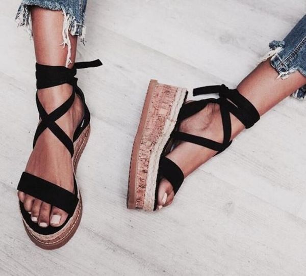 

women summer wedges sandals cross-tied lace up ladies casual shoes high heels pumps woman zapatos mujer sapato feminino f181666, Black