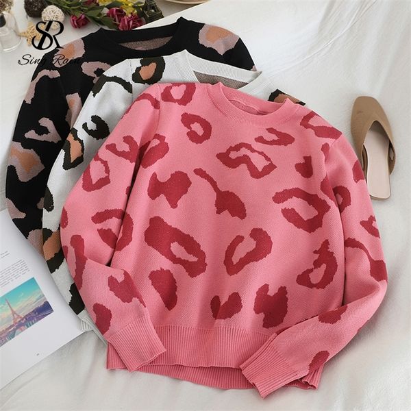 

singrain winter women o-neck leopard knit sweater female long sleeves loose casual pink leopard knit sweater warm pullovers 201030, White