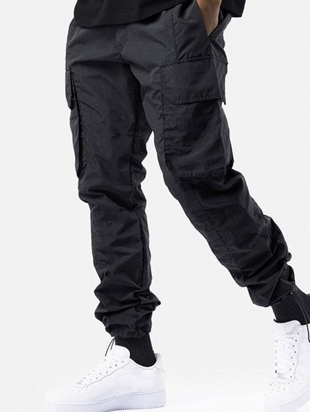 

men solid flap pocket drawstring waist pants 08bl#, Black