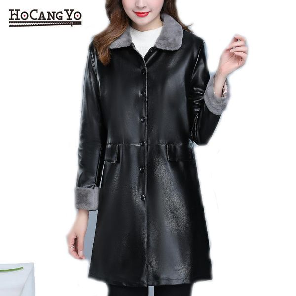 

women's leather & faux winter womens long jackets plus size thick warm lambskin women coat sleeve, Black