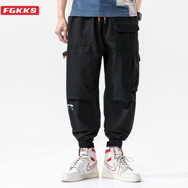 

fgkks brand men side pockets cargo harem pants ribbons hip hop casual male joggers trousers fashion casual streetwear pants male1, Black