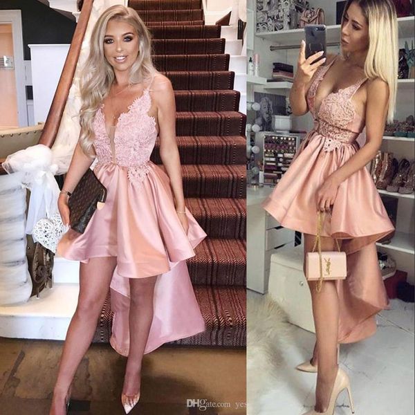 

2020 new blush pink homecoming dresses short deep v neck lace appliques beaded high low backless party graduation plus size cocktail gowns, Blue;pink