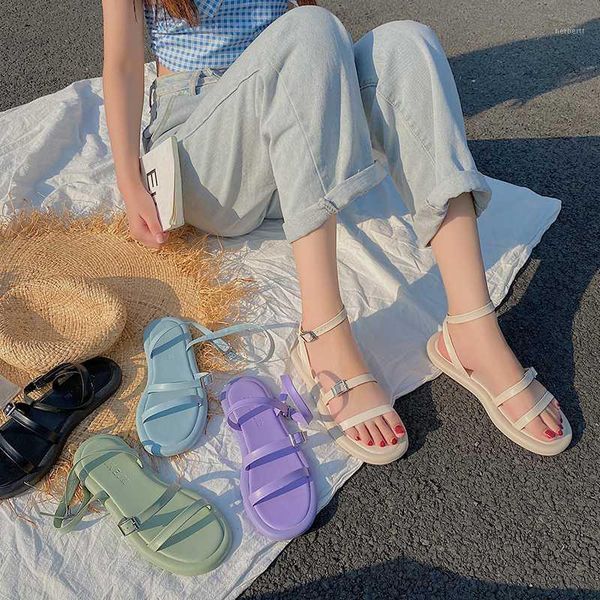 

sandals open toe ankle strap soft jelly female casual comfortable beach shoes drop summer women candy color flat sandals1, Black