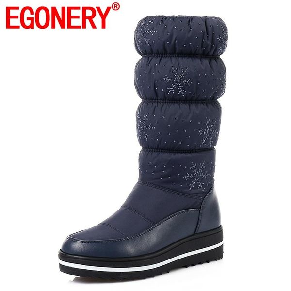 

egonery snowflake pattern handmade non-slip down snow mid calf boots spring winter plush inside low heel 4cm woman warm shoes, Black