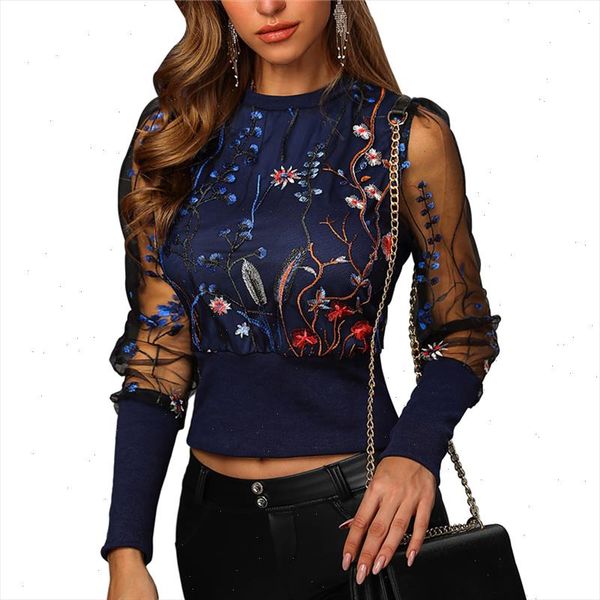 

new elegant fashion women ol casual shirt blouse perspective sheer mesh long sleeve flower embroidery female blusas, White