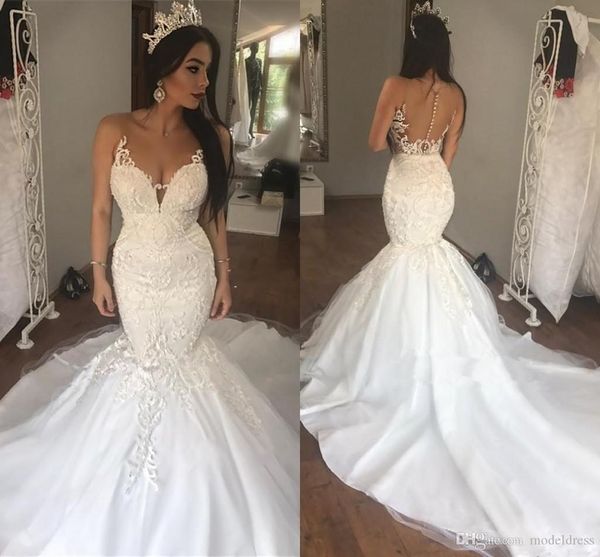 

2021 arabic mermaid wedding dresses sheer neck sweep train lace appliques chapel garden country plus size bridal gowns vestido de novia, White