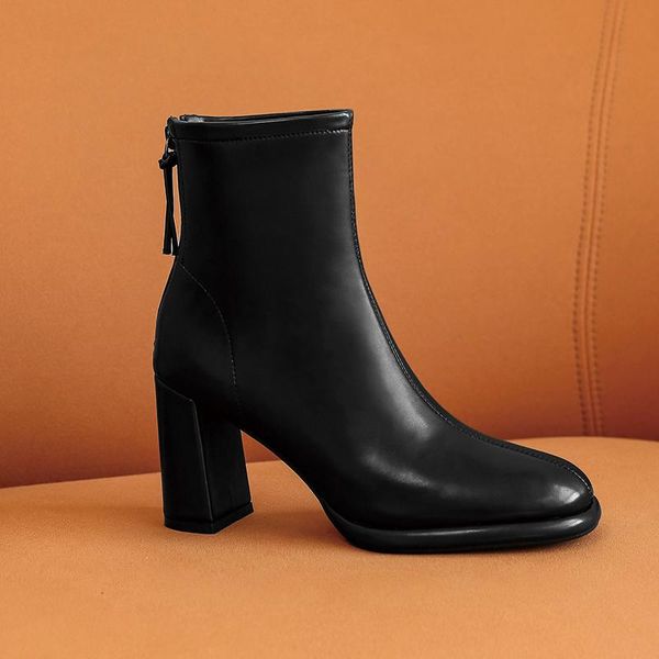 

genuine leather thick high heels ankle boots back zipper women boots square toe woman wedding office lady shoes woman, Black